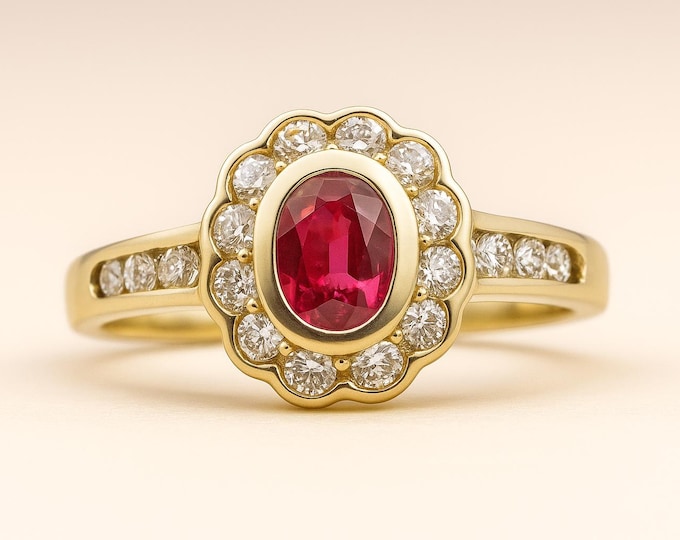 Featured listing image: Ruby Diamond Ring 14K Yellow Gold Natural Oval Ruby Engagement Ring Vintage Style Halo Ring | Solid Gold Fine Jewelry | July Birthstone Ring