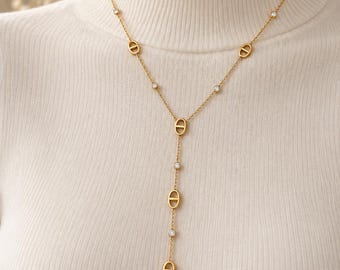 Collar largo de malla marina, collar en Y con malla marina, collar de malla marina con diamante, joyería femenina de acero inoxidable chapado en oro