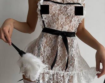 Playful Maid Costume Set with Lace Apron Fishnet Stockings,Handmade Feminine Costume Outfit,with Headband for Photoshoots Events Home Wear