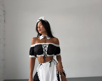 Black and White Maid Cosplay Costume Set: Skirt, Apron, and Accessories