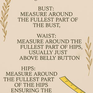 May include: Tan-colored graphic with text about measuring for lingerie. The text includes instructions for measuring the bust, waist, and hips. A yellow tape measure is shown. The brand name "LACEVINE" is at the top.