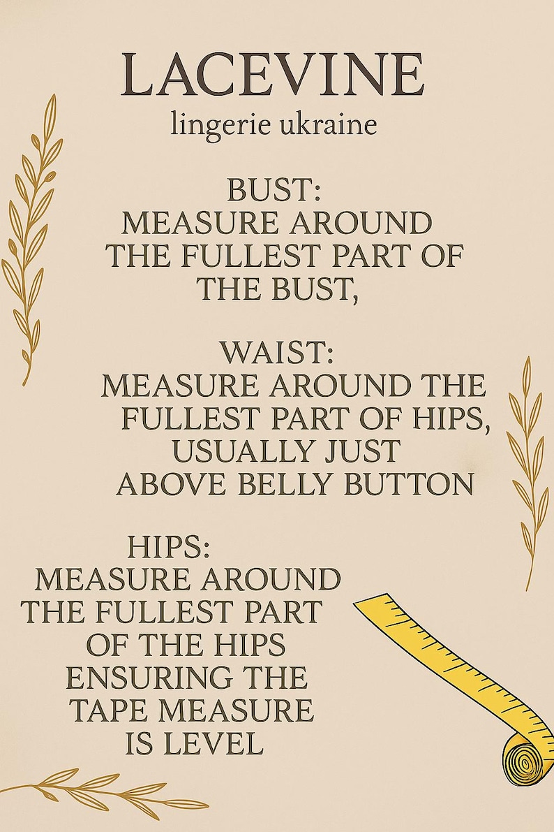 May include: Tan-colored graphic with text about measuring for lingerie. The text includes instructions for measuring the bust, waist, and hips. A yellow tape measure is shown. The brand name "LACEVINE" is at the top.