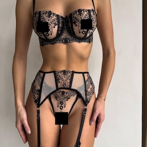 Embroidered Mesh Lingerie Set–Underwire Bra,High-Waist Panties,Belt | Elegant Design,Adjustable Fit |Special Occasion Gift for Her,Elegance