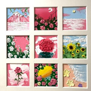 Vibrant relief landscape painting, original floral mountain seascape art, colourful nature canvas, serene coastal horizon