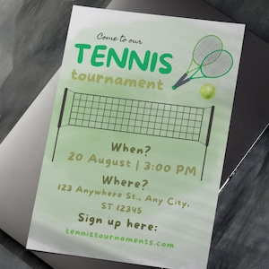 Editable Tennis Tournament Flyer – Printable Sports Invitation for Kids – Canva Template – Green Watercolor Poster
