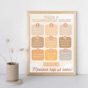 May include: A framed classroom rules poster for Year 3 students. The poster features nine rules in numbered boxes with a neutral color palette. The text "Mistakes help us learn!" is at the bottom.