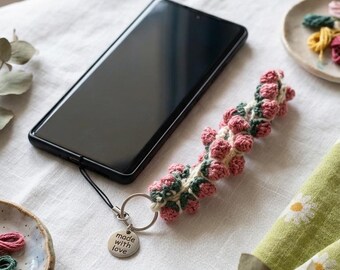 かぎ針編みのチューリップ型スマホストラップ - かわいいかぎ針編みリストレットスマホストラップ - 手作りコテージコア風リストキーホルダー - 友達へのプレゼント