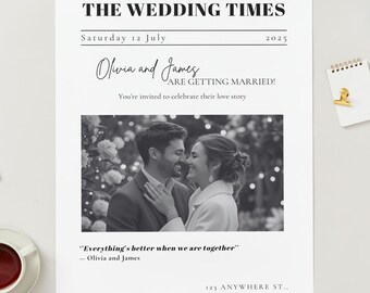 Newspaper Wedding Invitation Template – Editable Canva Design – Unique Printable Wedding Invite – Fun & Modern – Instant Download