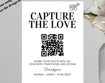 QR Code Table Card Template – Upload Wedding Photos Sign – Editable Canva Template – Printable Guest Photo Sharing Card – Instant Download