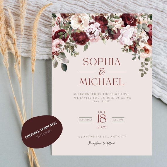 Wedding Invitation Template | Burgundy Floral Canva Invite | Editable Digital Download | Elegant Printable Wedding Card