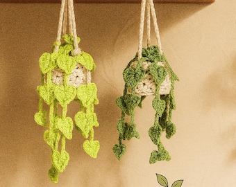 Crochet Hanging Plant – Handmade Vine Décor | Heart Leaf Macrame Plant | Boho Room & Shelf Accent | No-Water Gift for Plant Lovers