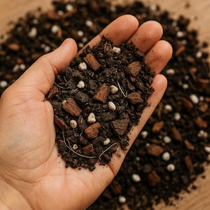May include: A handful of dark potting soil mix, containing pieces of bark and white perlite. The soil is held in an open hand, with more soil visible in the background. The mix appears to be for plants.