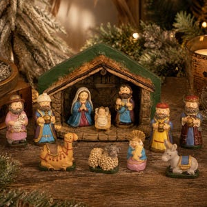 May include: A nativity scene set featuring a stable structure with a green roof and stone-textured walls. The set includes figurines of Mary, Joseph, the infant Jesus in a manger, three wise men, a shepherd with a lamb, a camel, a sheep, and a donkey.