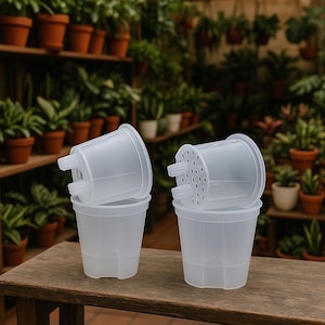 May include: Four translucent plastic plant pots are stacked on a wooden surface. The pots have a cylindrical shape with a slightly flared rim and drainage holes. The background features shelves filled with potted plants.