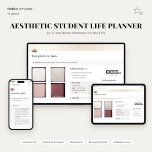 Op de afbeelding: Een digitaal Notion-sjabloon dashboard voor studenten weergegeven op een computermonitor, tablet en smartphone. De interface bevat secties voor affirmaties, persoonlijke taken en het studentenleven, met een kleurenpalet van zachte roze en neutrale tinten.