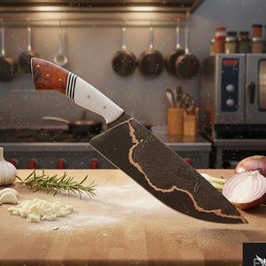 Puede incluir: Un cuchillo de chef artesanal con una hoja oscura estampada y un mango blanco y color madera. El cuchillo descansa sobre una tabla de cortar de madera con ajo, romero y una cebolla. Utensilios y electrodomésticos de cocina en el fondo.