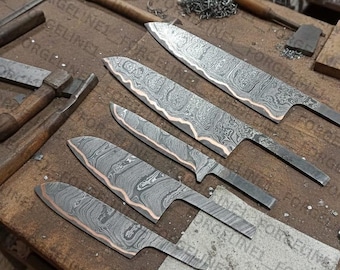 Blank Copper Damascus Chef Knife Set – 6 to 10 Inch Kitchen Knife Set – 58-60 HRC Edge Hardness – Handmade Culinary Knives – Chef Gift