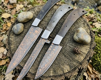 3 PCS Copper Damascus Chef Knife Blank Set | Full Tang DIY Blades with Steel Bolster | Handmade Blank Set | Custom Knife Making Kit