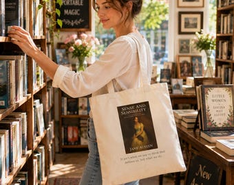 Sense and Sensibility Classic Book Tote by Jane Austen Vintage Book Cover and Quote