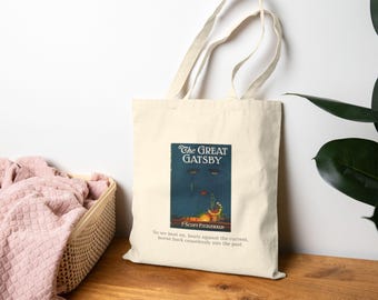 Gatsby Tote Bag: Vintage Book Cover Art and quote, Literary Gift