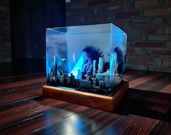Lámpara de resina Godzilla Atomic Breath – Luz nocturna 3D de destrucción urbana