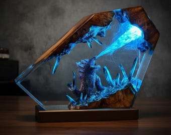 Lámpara de resina de la épica batalla de Godzilla: Luz nocturna de diorama hecha a mano