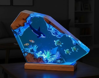 Lámpara de resina 3D de vida marina: luz nocturna de epoxi con ballenas, tortugas y peces tropicales