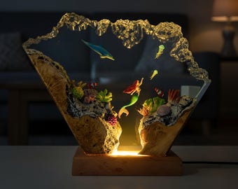 Lámpara de resina con diseño de sirena y delfín: luz nocturna de fantasía submarina