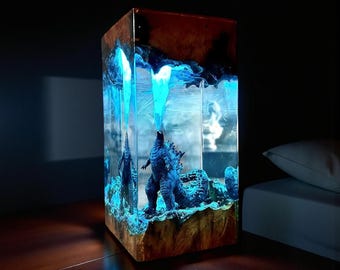 Lámpara de resina 3D de Godzilla – Decoración LED para el hogar hecha a mano en madera y resina con el monstruo de la película