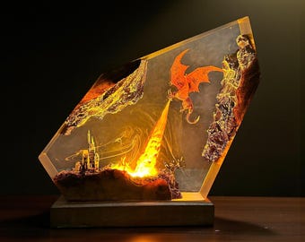 Lámpara de resina con forma de dragón de fuego, luz nocturna de epoxi hecha a mano de fantasía