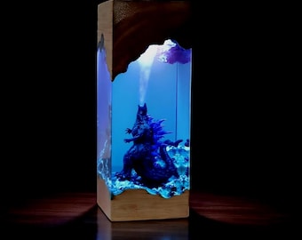 Lámpara de noche de resina de Godzilla – Decoración LED de monstruo de película hecha a mano en madera y resina
