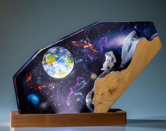 Lámpara de resina con diseño de astronauta y galaxia: luz nocturna LED cósmica con escena de nave espacial