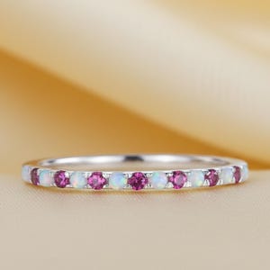 Dainty Opal & Pink Ruby Gemstone Stacking Sterling Silver Band – Minimalist July Birthstone Anniversary Gift