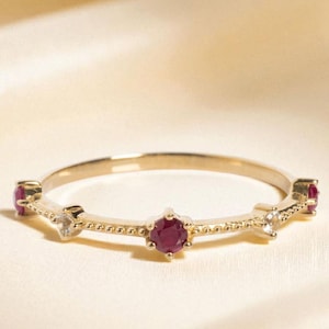 Ruby Dainty Round-Cut Stacking 14K Gold Minimalist Diamond Ring,  Delicate Ring Gift for Her