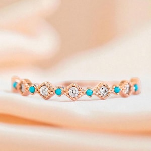 Turquoise Wedding Band, 14K Gold Eternity Band Ring, Round Cut Turquoise Ring, Dainty Stackable Ring, Birthstone Ring, Anniversary Gifts