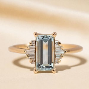 Unique Aquamarine And Moissanite Wedding Ring Baguette Stacking Art Deco Ring Minimalist March Birthstone Ring, Aquamarine Engagement Ring
