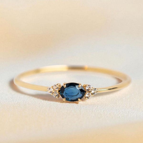 Sapphire Solitaire Ring Dark Blue Statement Eternity Dainty Gemstone Bridal Engagement Jewelry  Anniversary Gift