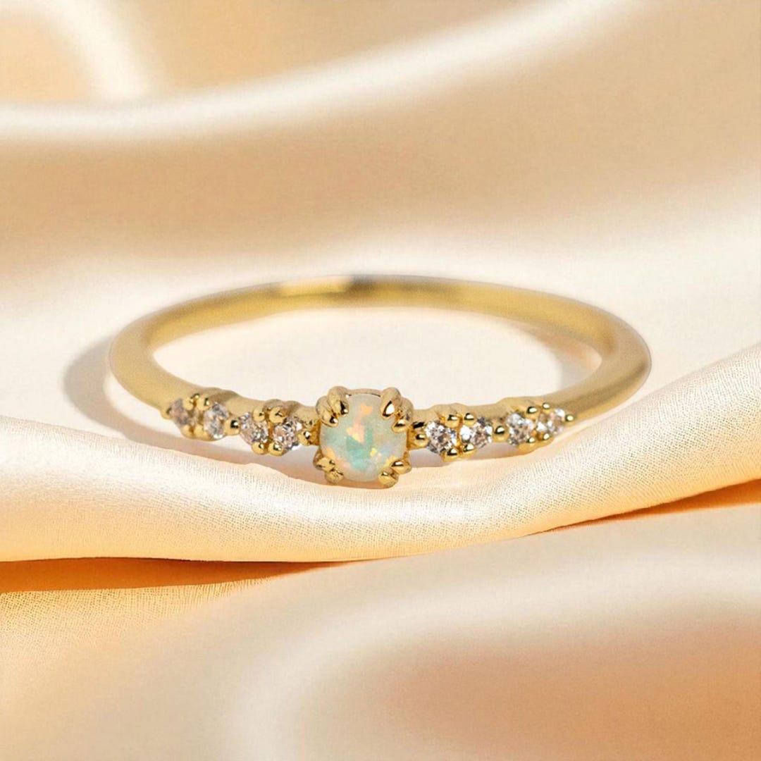 14k Solid Gold Opal Engagement Ring Halo Diamond Jewelry Minimalist ...
