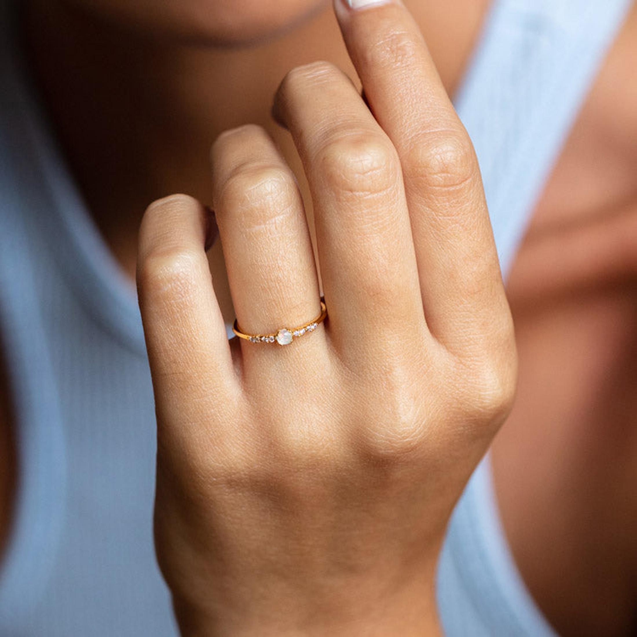 14k Solid Gold Opal Engagement Ring Halo Diamond Jewelry Minimalist ...