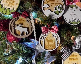 Rustic Christmas Ornament Set | Personalized Wooden Ornaments with Ribbon | Choose 2–12 Mix & Match Cozy Holiday Designs | Gift Ready