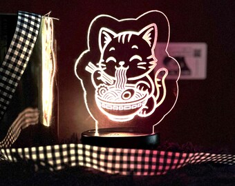 Lámpara de noche LED con diseño de gato ramen / Lámpara acrílica original con diseño de gato adorable / Decoración de habitación kawaii