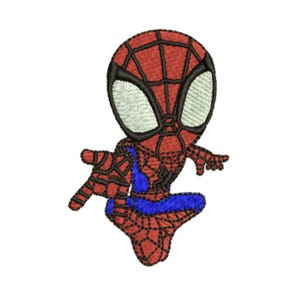 Puede incluir: Un parche bordado que presenta un personaje estilizado con un patrón de telaraña rojo y negro, grandes ojos blancos con contornos negros y detalles azules en el torso y las piernas. El diseño muestra al personaje en una pose dinámica.
