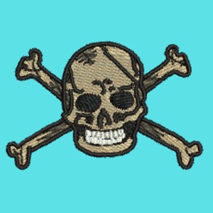 May include: Embroidered patch featuring a skull with crossbones. The skull is tan with black eye sockets and a stitched mouth. The crossbones are brown. The patch is on a light blue background. Ideal for jackets, bags, or other apparel.