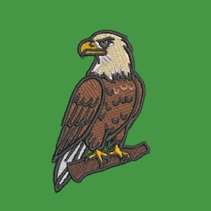 May include: An embroidered patch featuring a bald eagle with a white head, yellow beak, and brown body feathers, perched on a brown branch. The design is outlined in black thread and set against a solid green background, showcasing detailed stitching.
