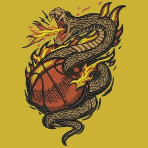 May include: Embroidered design featuring a snake breathing fire, coiled around a basketball. The snake has brown and tan scales. The basketball is orange with black lines, and the flames are yellow and orange.