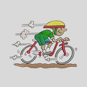 May include: Embroidered image of a cyclist riding a red bicycle. The cyclist wears a green shirt, shorts, and a yellow helmet. The bicycle wheels are gray, and the background is a light gray.