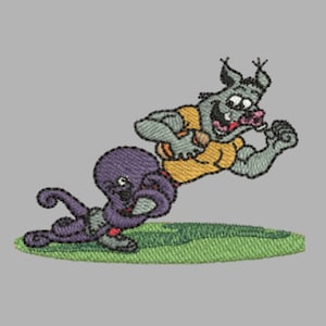 May include: Embroidered patch featuring a cartoon octopus in purple and a gray, muscular creature in a yellow shirt, both on a green surface. The octopus appears to be chasing the creature. The background is a solid gray.