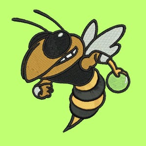 May include: Embroidered image of a cartoonish yellow and black bee with a smiling face, holding a green ball. The bee has black eyes and antennae, with white wings. The background is a solid light green.