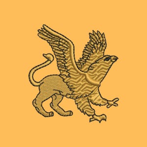 May include: Embroidered design of a griffin, a mythical creature with the body of a lion and the head and wings of an eagle. The griffin is depicted in gold thread on a solid orange background. The griffin is shown in profile, with its wings spread.