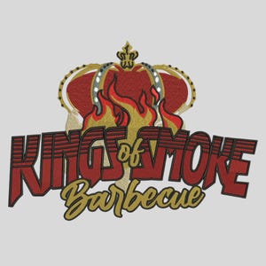 May include: Embroidered design featuring the text "Kings of Smoke Barbecue" in red and gold, with a crown and flames graphic. The design is on a light gray background, suitable for apparel or accessories.